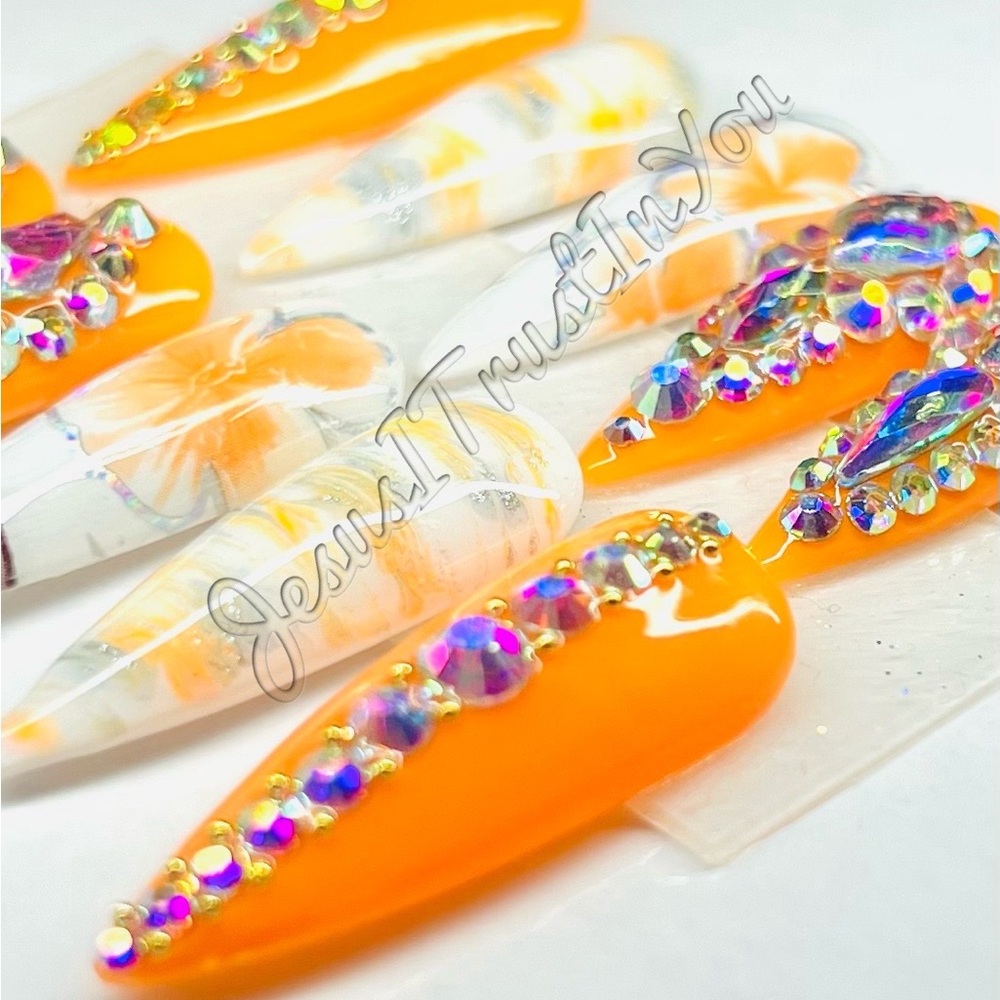 Vibrant Orange Press-On Nails with Rhinestones Long Stiletto